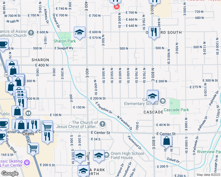 map of restaurants, bars, coffee shops, grocery stores, and more near 257 North 550 East in Orem