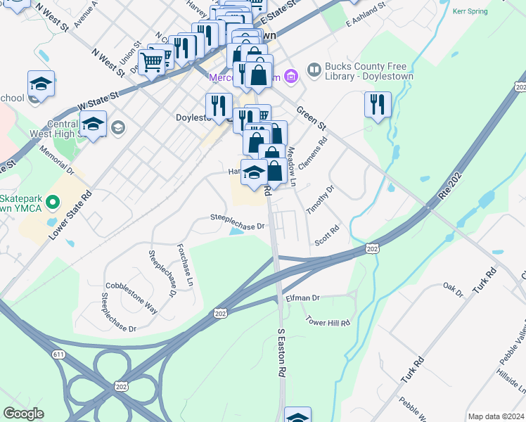 map of restaurants, bars, coffee shops, grocery stores, and more near 400 North Easton Road in Doylestown