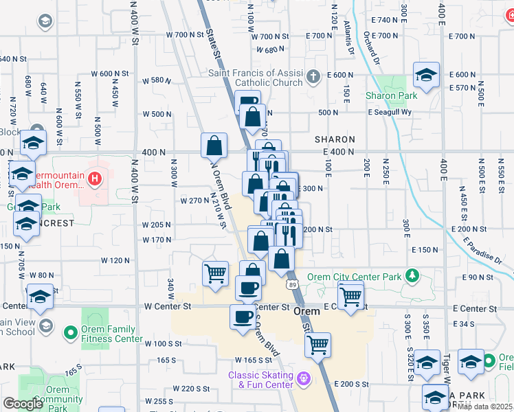 map of restaurants, bars, coffee shops, grocery stores, and more near 271 North State Street in Orem