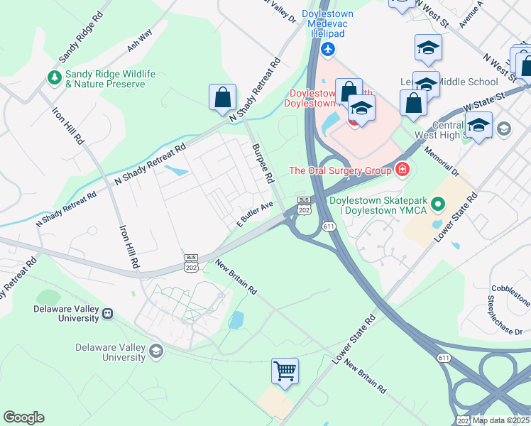map of restaurants, bars, coffee shops, grocery stores, and more near 800 West State Street in Doylestown