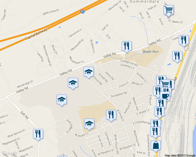map of restaurants, bars, coffee shops, grocery stores, and more near 72 Oliver Rd in Enola