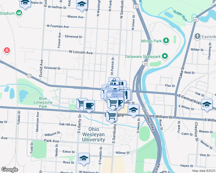 map of restaurants, bars, coffee shops, grocery stores, and more near 91 North Sandusky Street in Delaware
