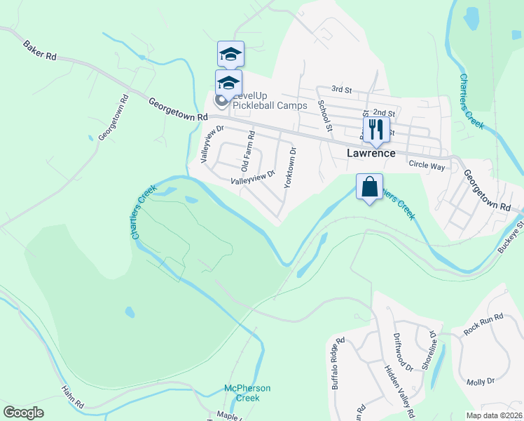 map of restaurants, bars, coffee shops, grocery stores, and more near 1156 Old Farm Road in Lawrence