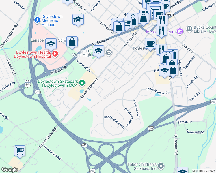map of restaurants, bars, coffee shops, grocery stores, and more near 4 Aspen Way in Doylestown