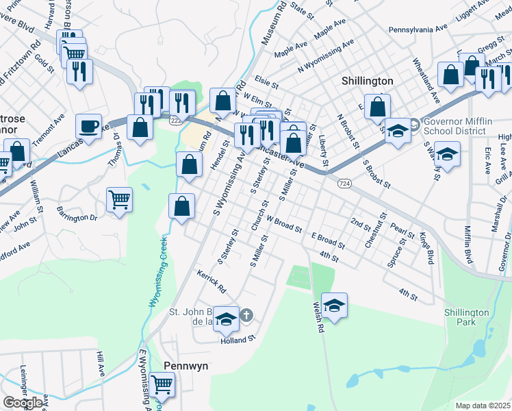 map of restaurants, bars, coffee shops, grocery stores, and more near 122 Church Street in Shillington