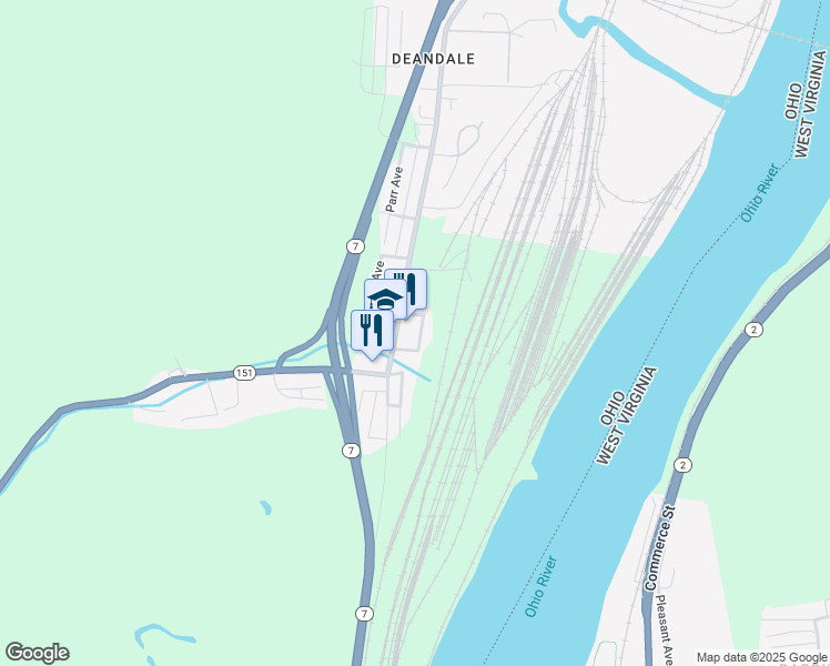 map of restaurants, bars, coffee shops, grocery stores, and more near 205 Grace Street in Mingo Junction