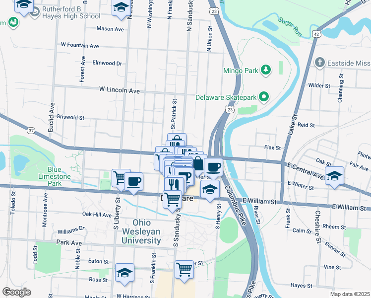 map of restaurants, bars, coffee shops, grocery stores, and more near 94 North Sandusky Street in Delaware