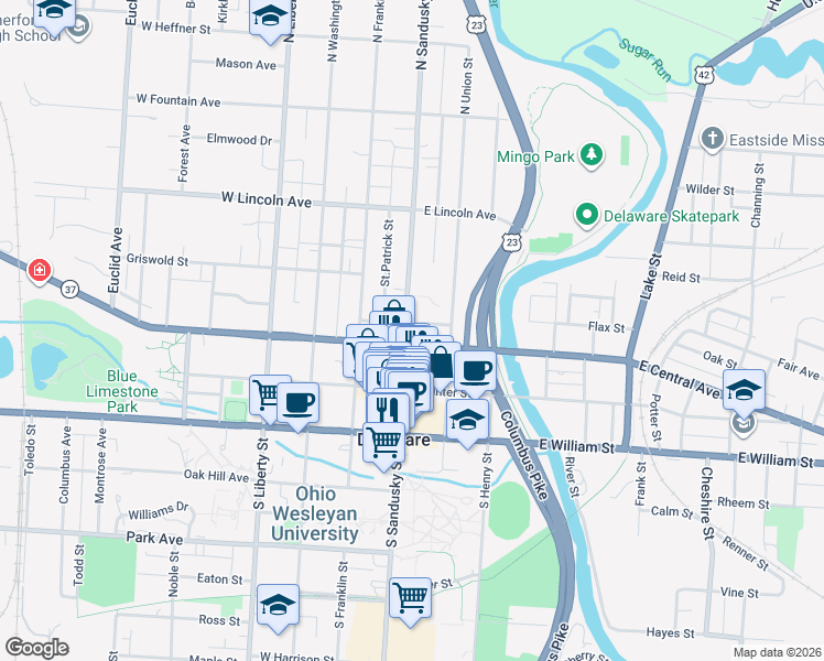 map of restaurants, bars, coffee shops, grocery stores, and more near 94 North Sandusky Street in Delaware