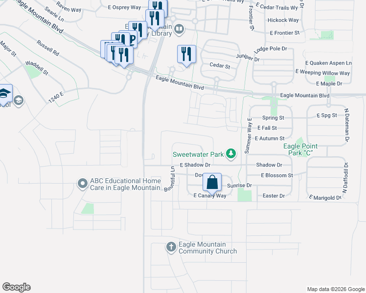 map of restaurants, bars, coffee shops, grocery stores, and more near 1674 East Downwater Street in Eagle Mountain