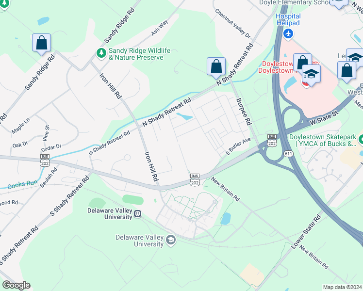 map of restaurants, bars, coffee shops, grocery stores, and more near 300 Evergreen Drive in Quakertown