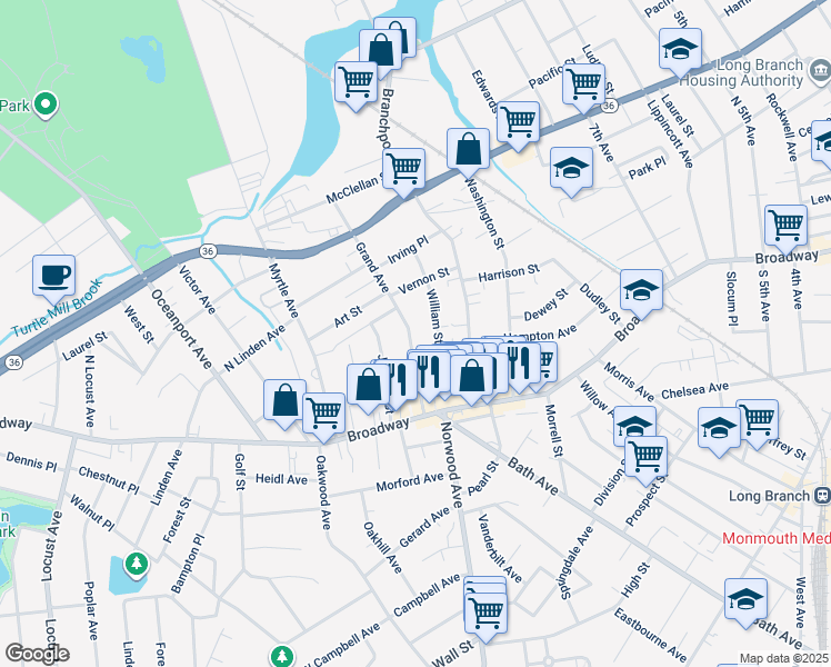 map of restaurants, bars, coffee shops, grocery stores, and more near 69 Grand Avenue in Long Branch
