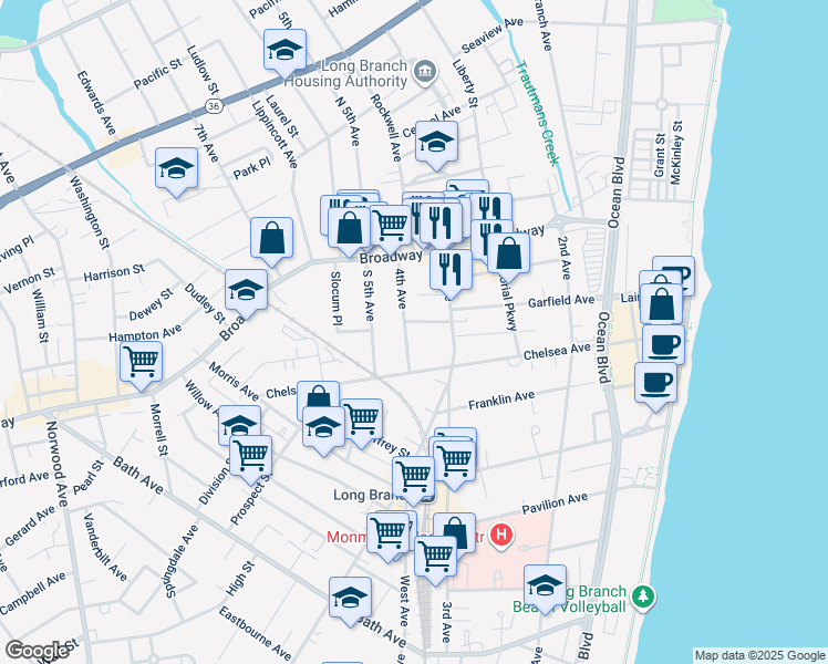 map of restaurants, bars, coffee shops, grocery stores, and more near 65 4th Avenue in Long Branch