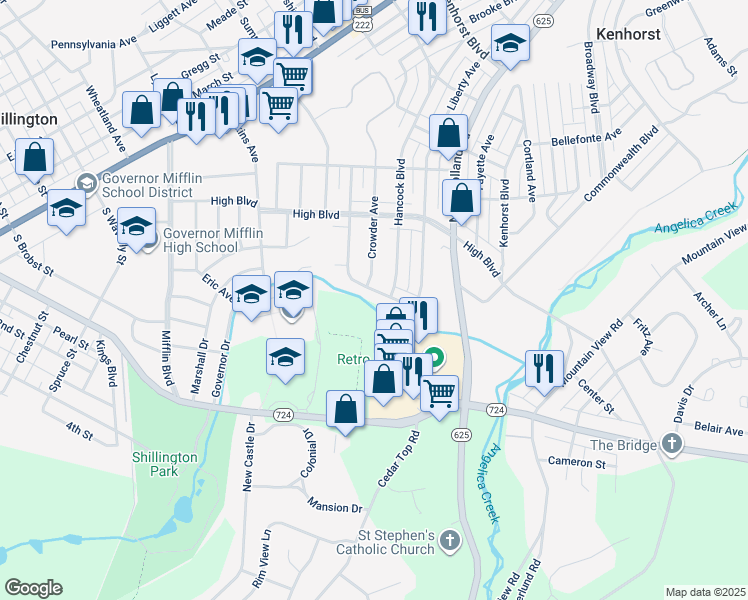 map of restaurants, bars, coffee shops, grocery stores, and more near 208 John Glenn Avenue in Reading