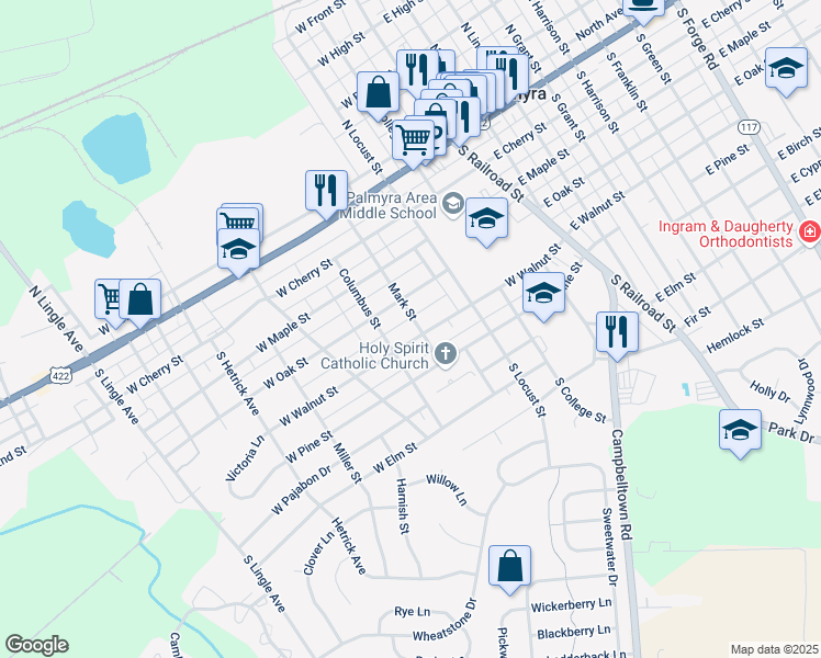 map of restaurants, bars, coffee shops, grocery stores, and more near 301 W Walnut St in Palmyra
