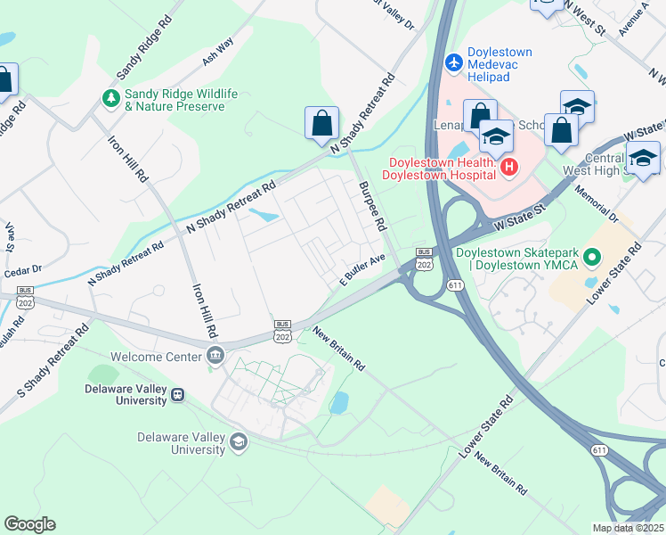 map of restaurants, bars, coffee shops, grocery stores, and more near 46 Maple Road in Montgomery County