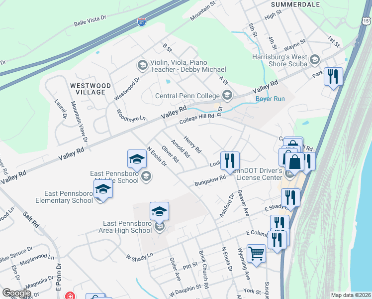 map of restaurants, bars, coffee shops, grocery stores, and more near 105 Arnold Rd in Enola