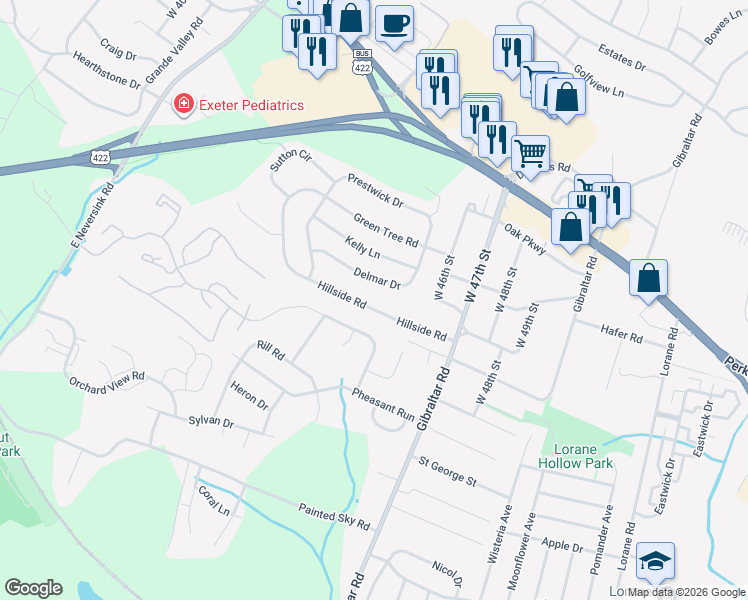 map of restaurants, bars, coffee shops, grocery stores, and more near 4539 Hillside Road in Reading