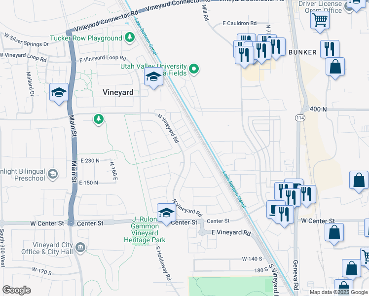 map of restaurants, bars, coffee shops, grocery stores, and more near 281 North 410 East Street in Vineyard