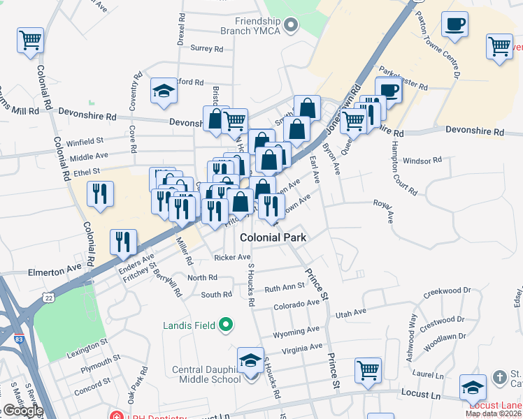 map of restaurants, bars, coffee shops, grocery stores, and more near 100 Prince Street in Harrisburg