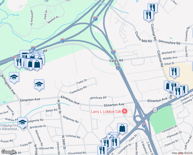 map of restaurants, bars, coffee shops, grocery stores, and more near 3748 Tudor Drive in Harrisburg