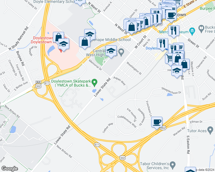 map of restaurants, bars, coffee shops, grocery stores, and more near 11-7 Aspen Way in Doylestown