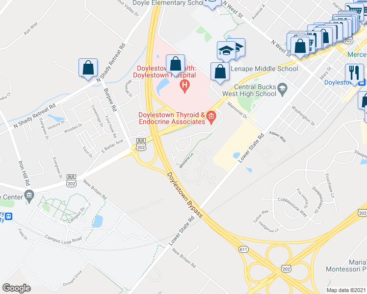 map of restaurants, bars, coffee shops, grocery stores, and more near 163 Progress Drive in Doylestown