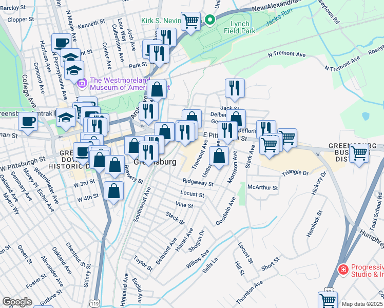map of restaurants, bars, coffee shops, grocery stores, and more near 414 East Pittsburgh Street in Greensburg