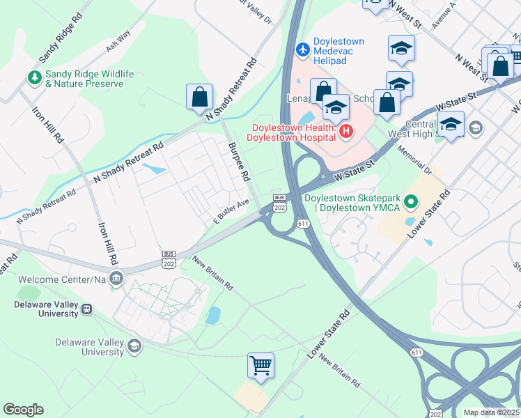map of restaurants, bars, coffee shops, grocery stores, and more near 9 Burpee Road in Doylestown