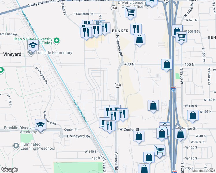 map of restaurants, bars, coffee shops, grocery stores, and more near 268 North 750 East Street in Vineyard