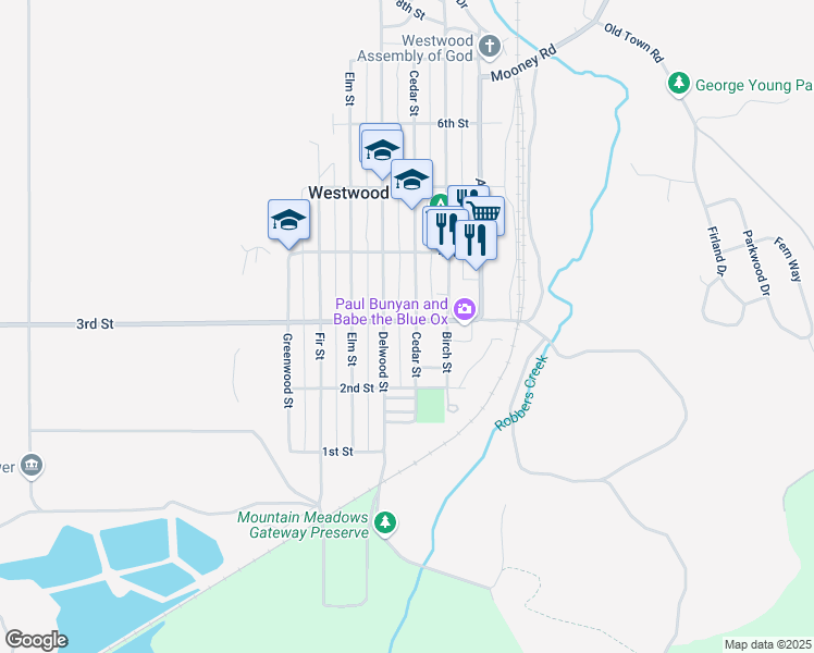 map of restaurants, bars, coffee shops, grocery stores, and more near 225 Cedar St in Westwood