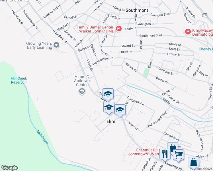 map of restaurants, bars, coffee shops, grocery stores, and more near 11 Ames Court in Johnstown