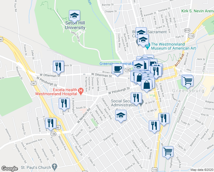 map of restaurants, bars, coffee shops, grocery stores, and more near 330 Hawthorne Ave in Greensburg