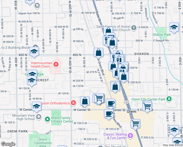 map of restaurants, bars, coffee shops, grocery stores, and more near 263 West 270 North in Orem