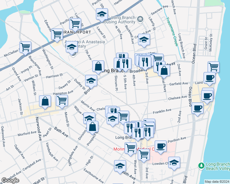 map of restaurants, bars, coffee shops, grocery stores, and more near 60 Slocum Place in Long Branch