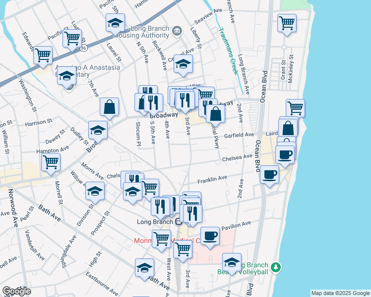 map of restaurants, bars, coffee shops, grocery stores, and more near 68 3rd Ave in Long Branch