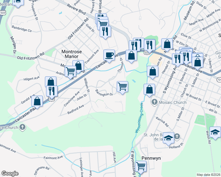 map of restaurants, bars, coffee shops, grocery stores, and more near 300 Barrington Drive in Shillington