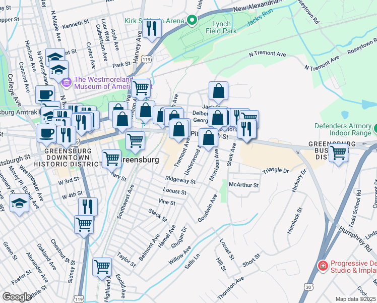 map of restaurants, bars, coffee shops, grocery stores, and more near 131 Tremont Ave in Greensburg