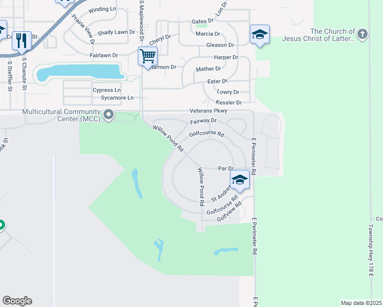 map of restaurants, bars, coffee shops, grocery stores, and more near 1137 Saint Andrews Circle in Rantoul