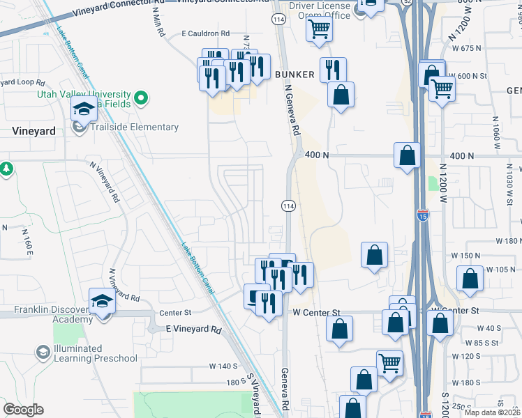 map of restaurants, bars, coffee shops, grocery stores, and more near 274 North 750 East Street in Vineyard