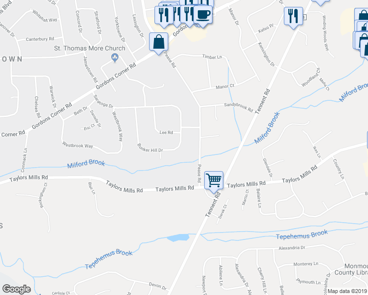 map of restaurants, bars, coffee shops, grocery stores, and more near 5 Bunker Hill Drive in Manalapan Township
