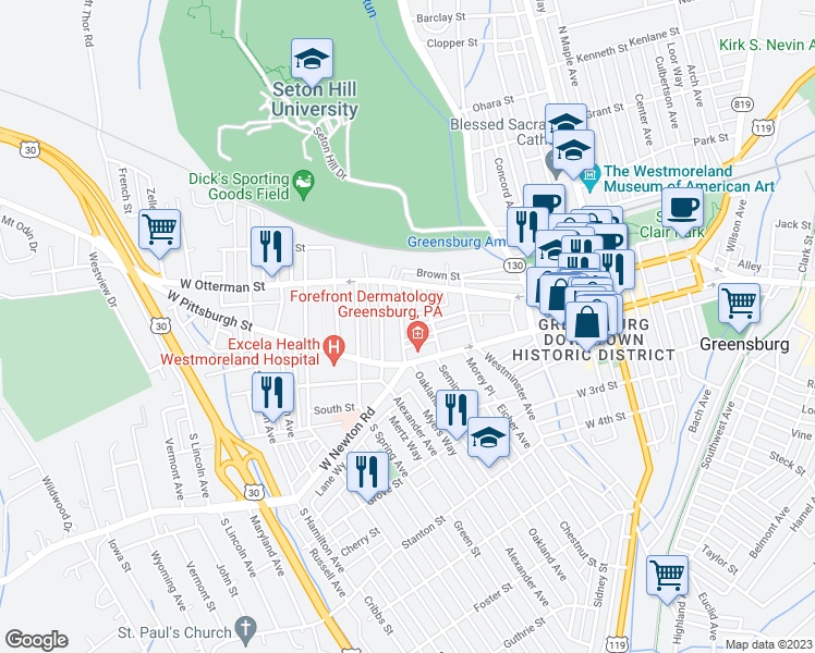 map of restaurants, bars, coffee shops, grocery stores, and more near 2 Mechling Way in Greensburg