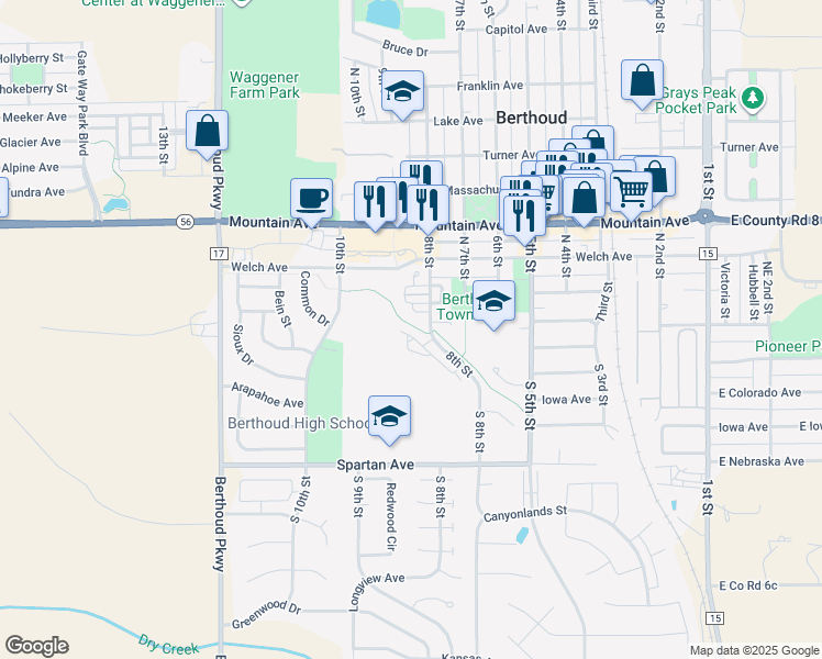 map of restaurants, bars, coffee shops, grocery stores, and more near 880 Winding Brook Drive in Berthoud