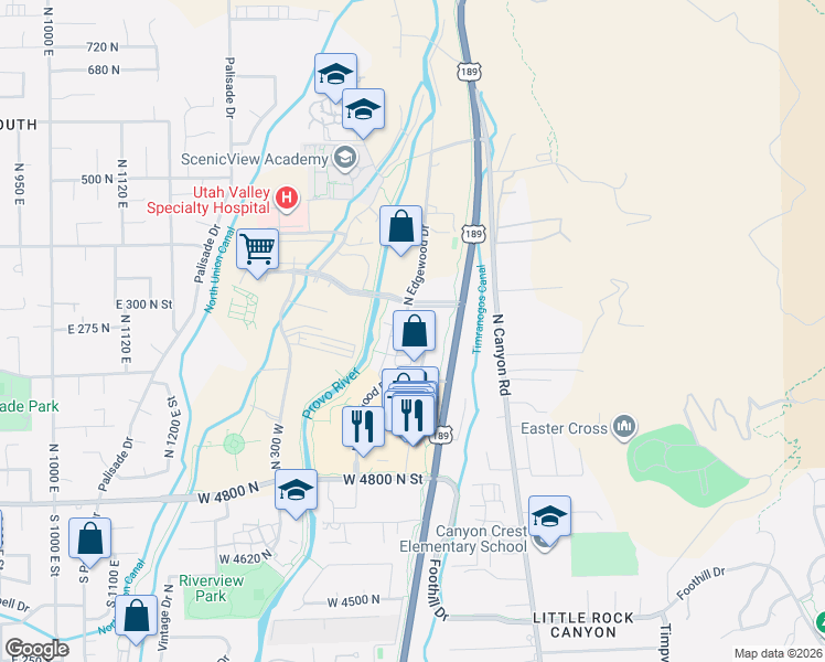map of restaurants, bars, coffee shops, grocery stores, and more near 155 North River Park Way in Provo