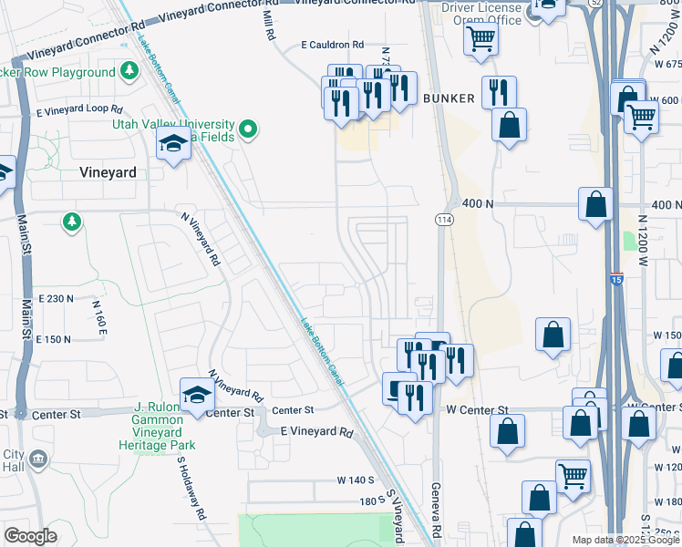 map of restaurants, bars, coffee shops, grocery stores, and more near 265 North 670 East in Vineyard