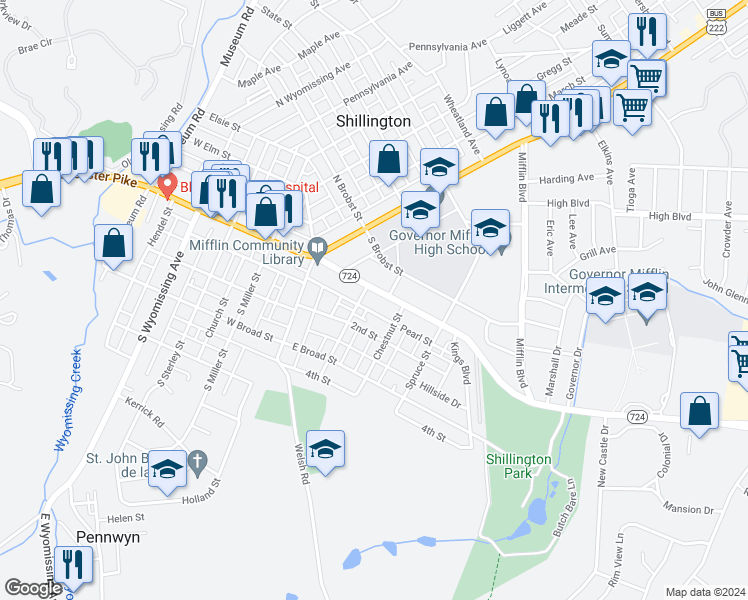 map of restaurants, bars, coffee shops, grocery stores, and more near 26 Franklin Street in Shillington
