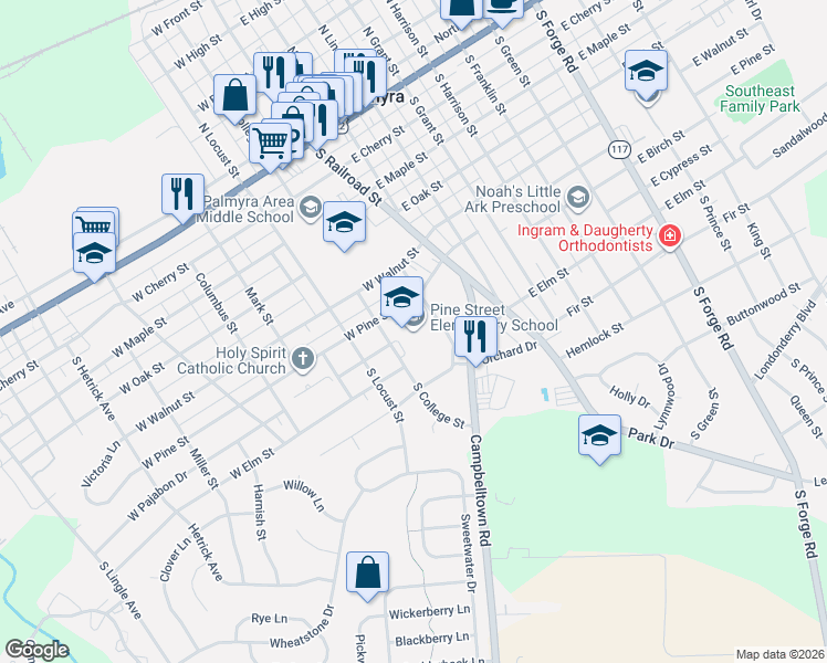 map of restaurants, bars, coffee shops, grocery stores, and more near 50 West Pine Street in Palmyra
