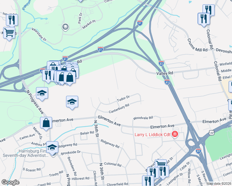 map of restaurants, bars, coffee shops, grocery stores, and more near 3712 Tudor Drive in Harrisburg