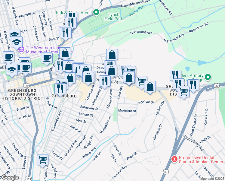 map of restaurants, bars, coffee shops, grocery stores, and more near 622 State Street in Greensburg