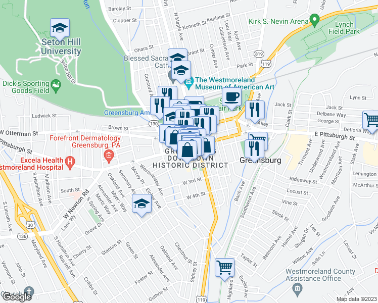 map of restaurants, bars, coffee shops, grocery stores, and more near in Greensburg