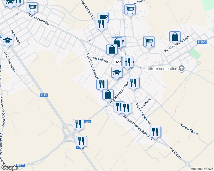 map of restaurants, bars, coffee shops, grocery stores, and more near 14 Via Kennedy in Lizzanello